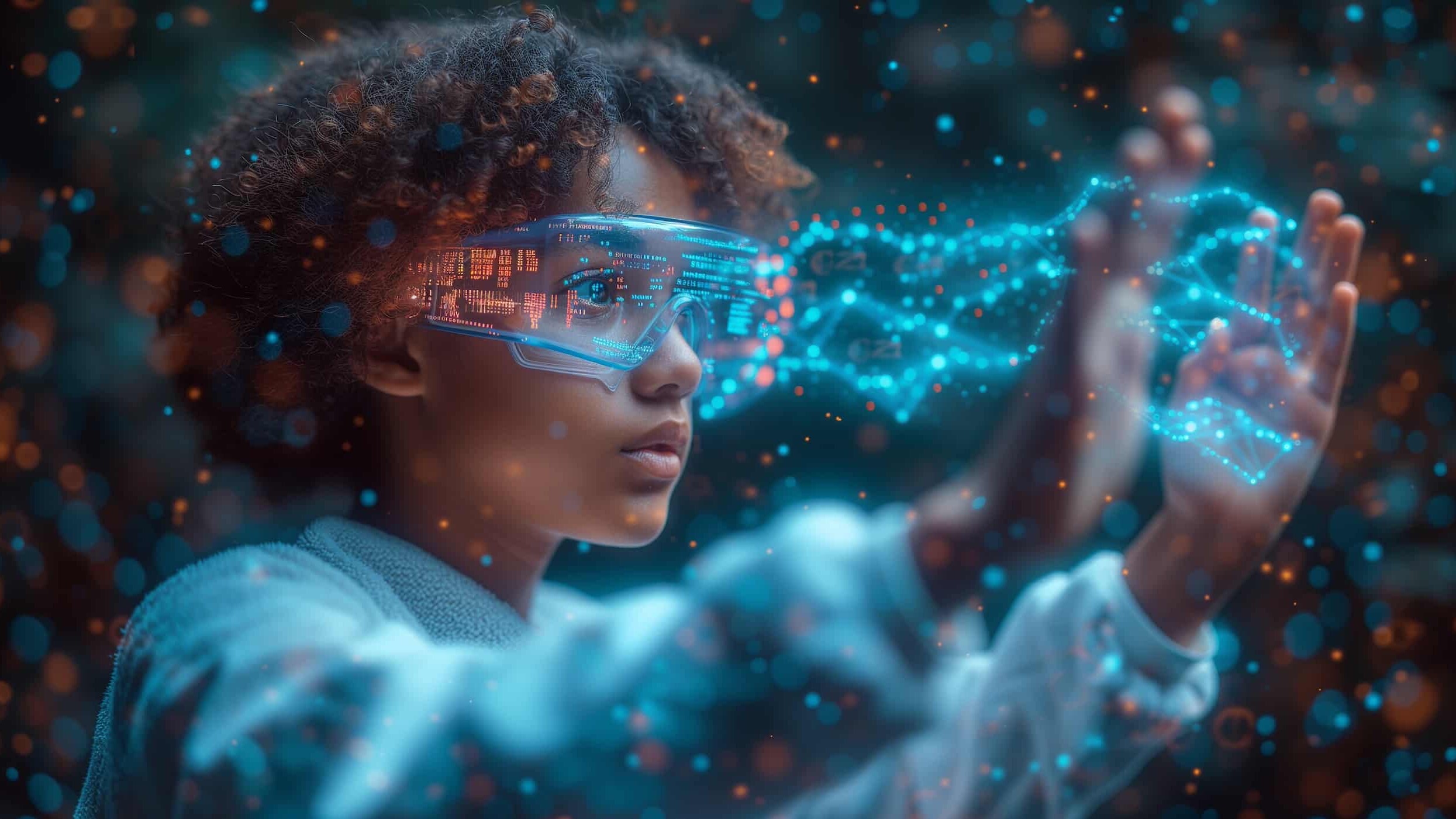 Science Fiction Image Of A Young African American Woman Wearing Virtual Reality Glasses Future Technology Concept